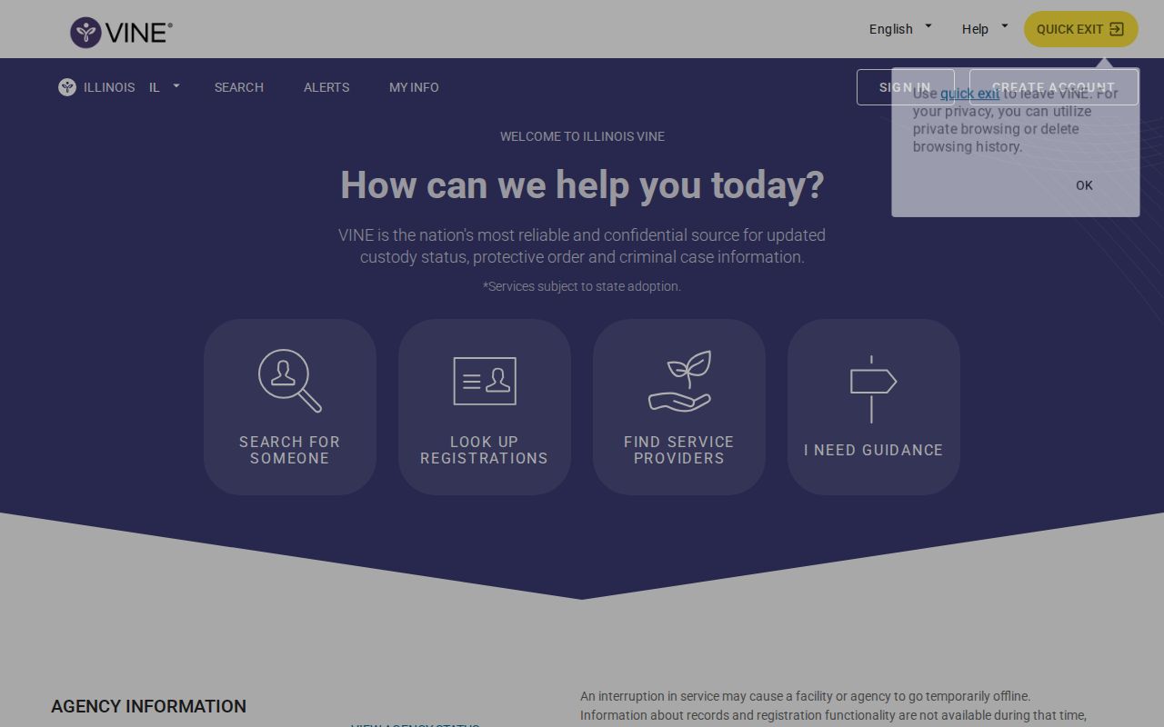 Illinois VINELink state custody search interface