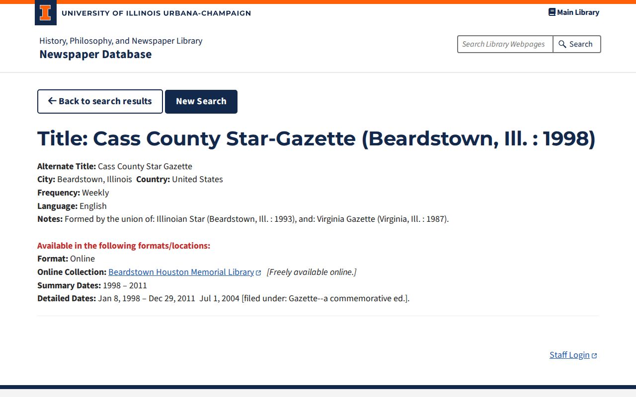 University of Illinois newspaper record for the Cass County Star-Gazette